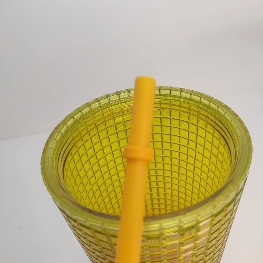 NEW Starbucks Tumbler Grid Texture Large Venti 24 oz Pink Yellow Straw 2022 - Picture 6 of 10